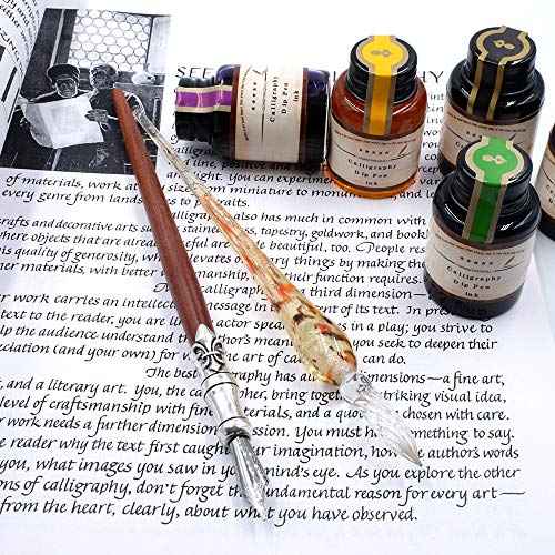 GC QUILL MU-02 Calligraphy Pen Set, Glass Dip Pen and Handcrafted Wooden Dip Pen Gift Set with 5 Colors Calligraphy Ink 6 Nibs, Calligraphy Set for Beginners