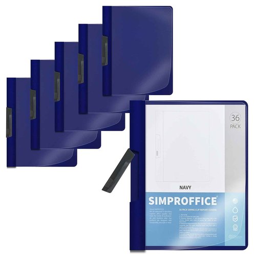 SIMPROFFICE 36 Pack Swing Clip Report Covers, Clear Front and Navy Blue Frosted Back, 9 x 11.4 Inches, Plastic Presentation Folders with Clip for Professional Use