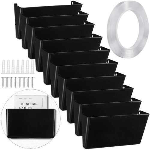 Tenceur 10 Pcs Single Pocket Wall Mount File Holder Black Plastic Wall Pocket with Screws and Tape Hanging File Organizer Letter Holder for Home Letters Mail Magazine Office