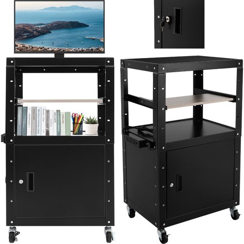 TTeralmon Adjustable Steel AV Cart with Locking Cabinet & Wheels Mobile Computer Cart with Storage Projector Cart