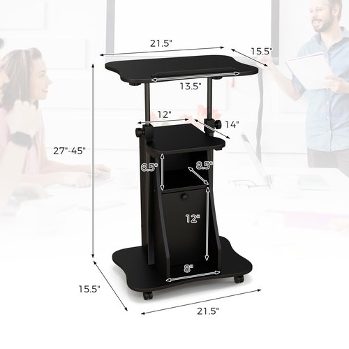 Giantex Mobile Podium Stand, Sit-to-Stand Laptop Cart with Tilting Tabletop & Storage Cabinet, Lockable Casters, Height-Adjustable Rolling Lectern for Classroom, Church, Home Office (Black, 1 Pack)