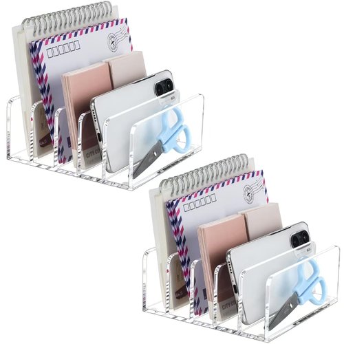 BEYGORM 2 Pack Acrylic Mail Holder, Clear Desk Organizer with Divider, Vertical Letter Sorter for Desktop, 5 Compartments Modern Office Home Envelope Organizer for Bill, Document, Notebook