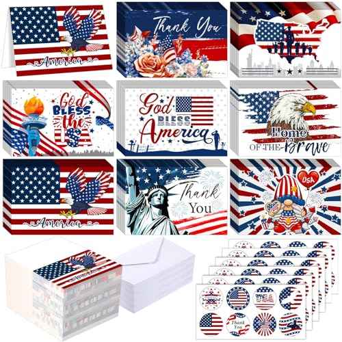 200 Sets Patriotic Greeting Card with Envelopes Stickers 8 Designs American Flag Thank You Cards 4th of July USA Gifts Cards for Party Independence Day Veterans(Patriotic)