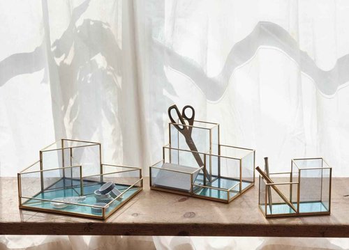 FONDAZZA Set of 2 Gold Desk Organizers for Home Office Supplies, Gold Brass and Blue Glass, 1 Each of Rectangle and Triangle Organizer, Storage for Stationery, Cosmetic, Makeup Tools and Brush.