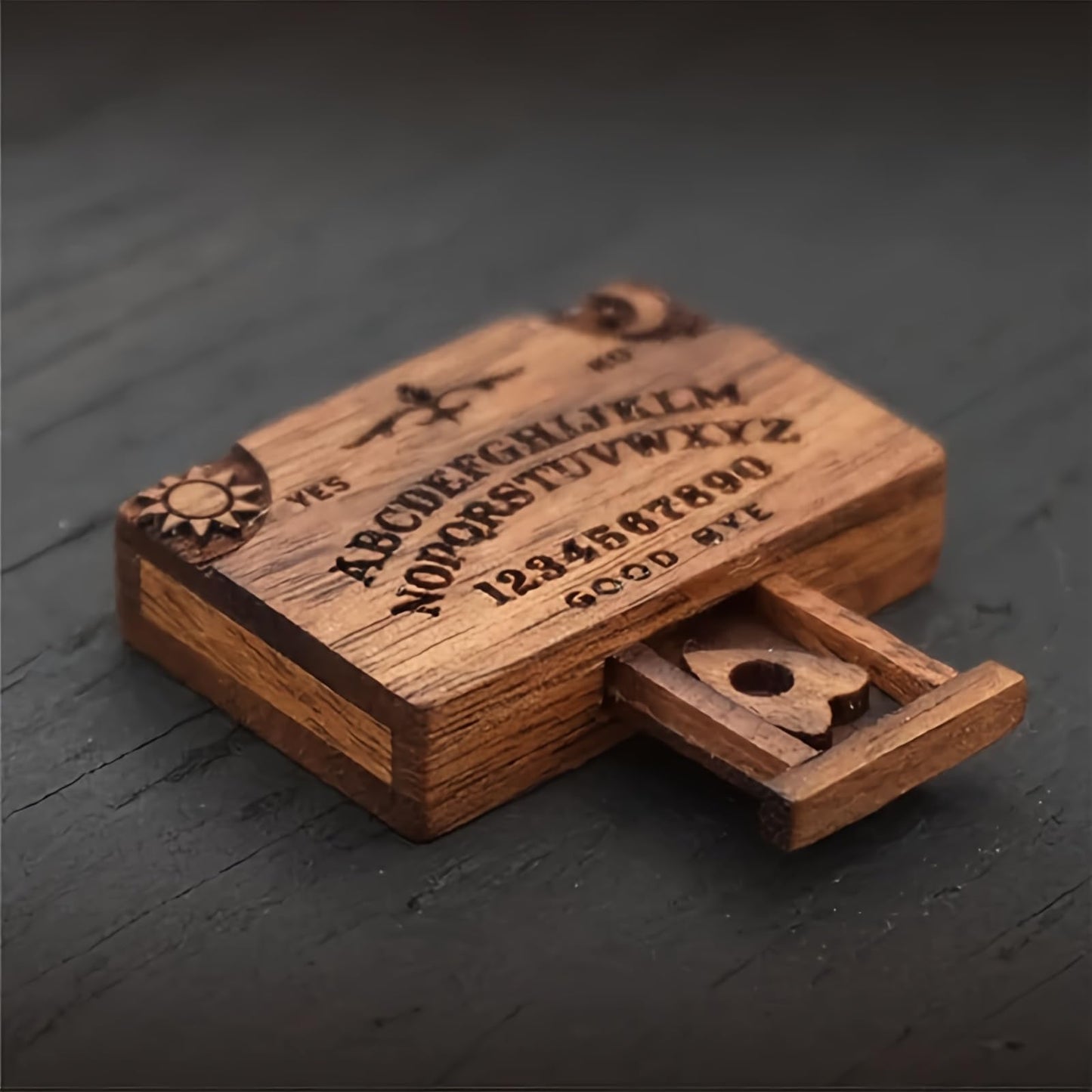 Veloshine Wooden Mini Spirit Board with Storage Drawer, Gothic Letters and Numbers, Sunburst Design, Decorative Ouija-Style Home Ornament