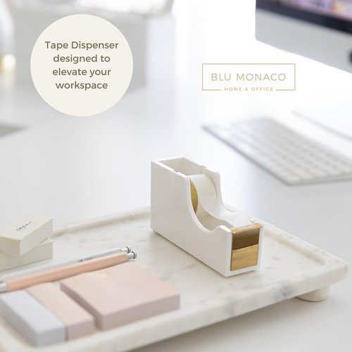 Blu Monaco Acrylic Cute White and Gold Tape Dispenser – Sleek Desktop Tape Cutter for Office & Home – Smooth Cutting Blade & Non-Slip Base – Fits Standard & Large Rolls – Desk Accessory