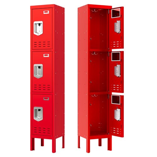 SAPITAL Metal Locker with 3 Doors Employees Locker, Metal Storage Locker with Hooks, 66" Storage Cabinet Lockers for Employees, Home, Office, Gym Requires Assembly (Red)