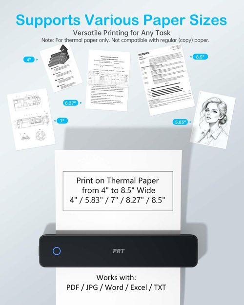 PRT Inkless Portable Printer for Travel, Wireless Thermal Printer Support 8.5 x 11 Inch US Letter A4 B5, Bluetooth Mobile Printers with iOS, Android, Laptop for Home Use, Car, Office, School, Black