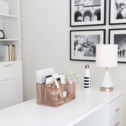 BLU MONACO Rose Gold Desk Organizer with Sticky Note & File Holder – Office Accessories & Workspace Storage, Vanity & Bathroom Countertop Organizer
