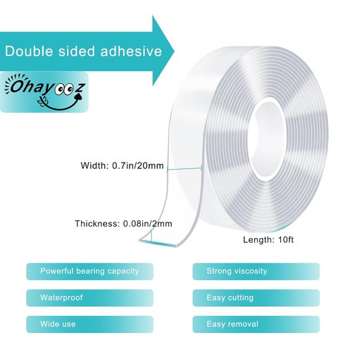 Ohayooz® Heavy Duty Double-Sided Tape - Extra Strong, Removable 10FT Clear Nano Adhesive for Photos & Decor