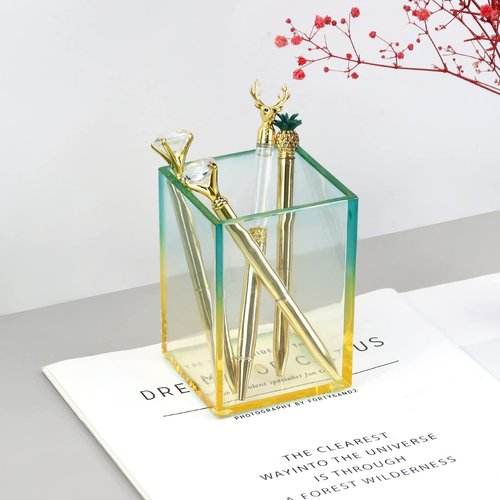 Koqye Acrylic Rose Gold Pen Holder & Memo Pad Sticky Notes Holder - Desk Organizer Set for Office & Home Decor (Yellow & Green)