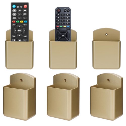 TIE-DailyNec 6 Pack Remote Control Holder Wall Mount Media Controller Organizer Self Adhesive TV Remote Storage Box Wall Pen Holder for Bedroom Headboard Home Office School (Gold)