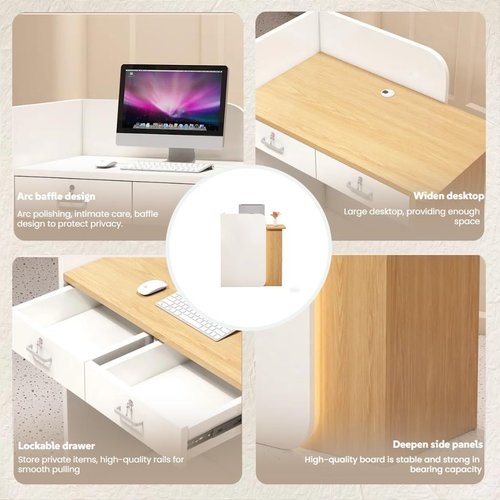 Small Reception Desk for Small Spaces with Lockable Drawer, Compact Office Desk & Salon Reception Counter | Curved Baffle Design, Modern L-Shaped Workstation, Secure Storage(White+Wood)