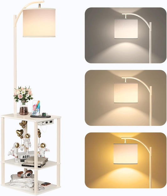 SUNMORY Floor Lamp with Table - Modern Nightstand & Charging Station | 3 Color Temperatures, USB & AC Ports