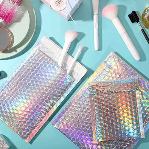 100 Pack Metallic Bubble Mailers 3 Sizes Holographic Padded Bubble Rainbow Poly Bubble Mailers Foil Bubble Padded Envelopes Adhesive Seal Closure Envelopes Shipping Bags for Mailing Packing
