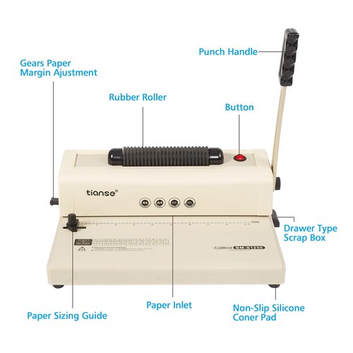 TIANSE Binding Machine, Spiral Coil Binder Machine, Electric Coil Inserter, 15 Sheets Punch Capacity, Suit for Letter Size / A4 / A5 Book Maker, with 100pcs 5/16'' Plastic Coil Binding Spines & Plier