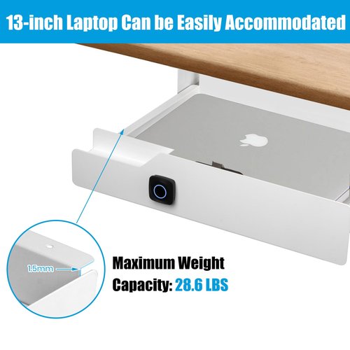 Under Desk Drawer with Lock, 16 inch Under Desk Storage Drawer, Under Desk Mounted Pull Out Drawer with Biometric Lock