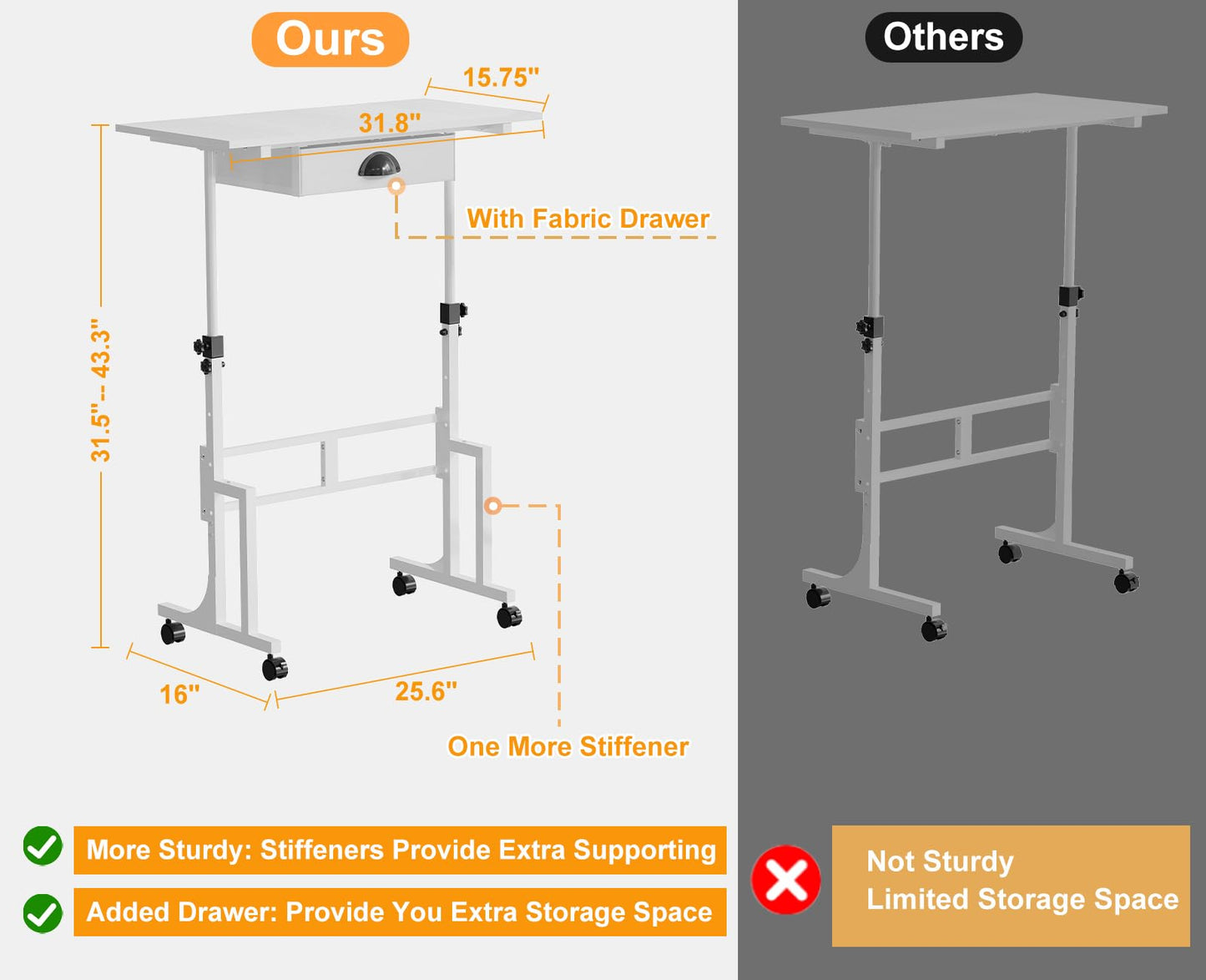 Cidaziya Adjustable Height Standing Desk for Walking Pad Treadmill, Portable Rolling Desk for Laptop with Drawer, Small Moblie Sit to Stand Desk On Wheels with Stiffener for Home Office Dorm Bedroom