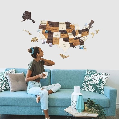 Jabihome 3D Wooden USA Map Wall Art - Unique Push Pin Design for Travel Lovers | Large Size 60"L x 37.5"W