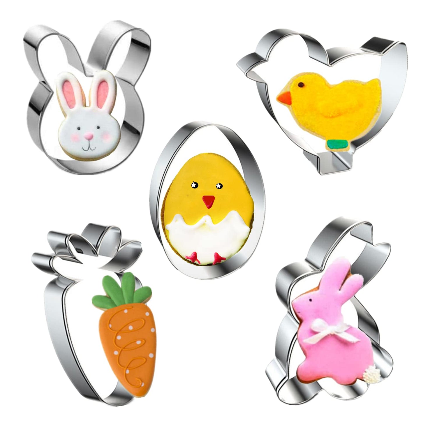 Easter Cookie Cutters, 5 Pieces Chick Carrot Egg Bunny Rabbite Shapes Metal Cookie Cutters Stainless Steel Sets Holiday Themed Baking Kit