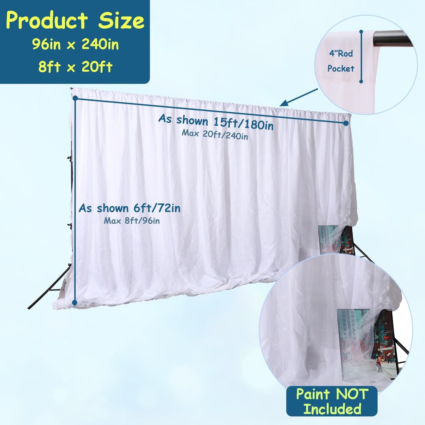 Urby Backdrop - Extra Wide Blackout Curtains Made of Chiffon Tulle & Polyester | White, 20 x 8 Ft