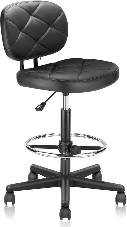 KLASIKA PU Leather Rolling Bar Stool - Adjustable Height Drafting Chair with Wheels & Backrest - Black