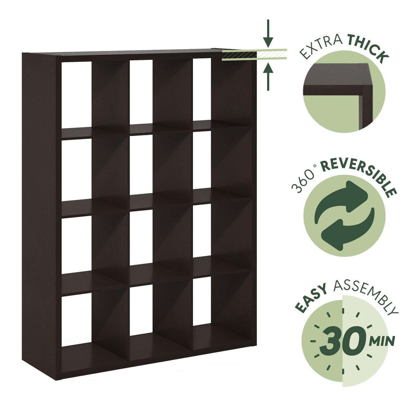 Furinno Cubicle Book Shelf, 12-Cube Bookshelf, Extra Thick Frame Reversible Bookcase with Open Back, 14.6" x 44" x 58", for Living Room, Bedroom, Home Office, Black Dark Oak