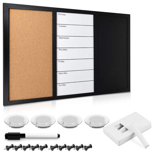 Navaris Combination Board Cork/Whiteboard/Chalkboard - 24 x 36 inches Combo Bulletin Magnetic Dry Erase Chalk Board Weekly Planner Message Organizer