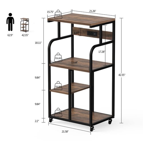 VEDECASA Large Printer Stand Cart with Charging Station USB Port 21.2"x15.7"x42.3" Rolling Tall 3-Tier Printer Stand with Adjustable Shelf Storage Home Office