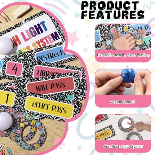 VIHOSE Classroom Hall Pass Set with Push Light, 6 Composition Notebook Design, Organizer Kit for Teachers & Students