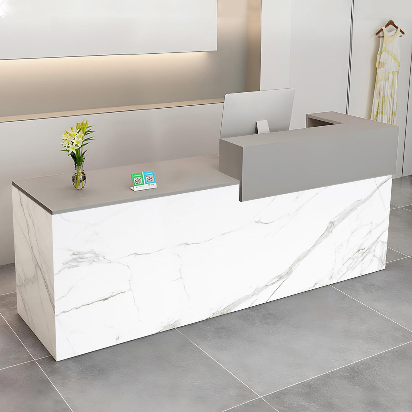 Modern Reception Desk with Drawer & Open Shelves, 39-95 Inch Front Counter Table, Computer Workstation Suitable for Salons, Offices, Lobbies, Retail Stores and Home Offices