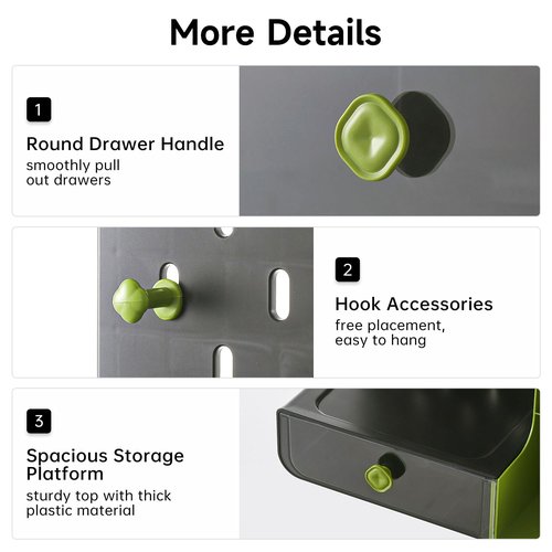 UFORU Desk Organizer with Drawers, Wall-Mounted Storage Panel with Hooks Shelves, Space-Saving Multi-Purpose Pen Holder for Home Office, Kitchen, Workshop (Greener)
