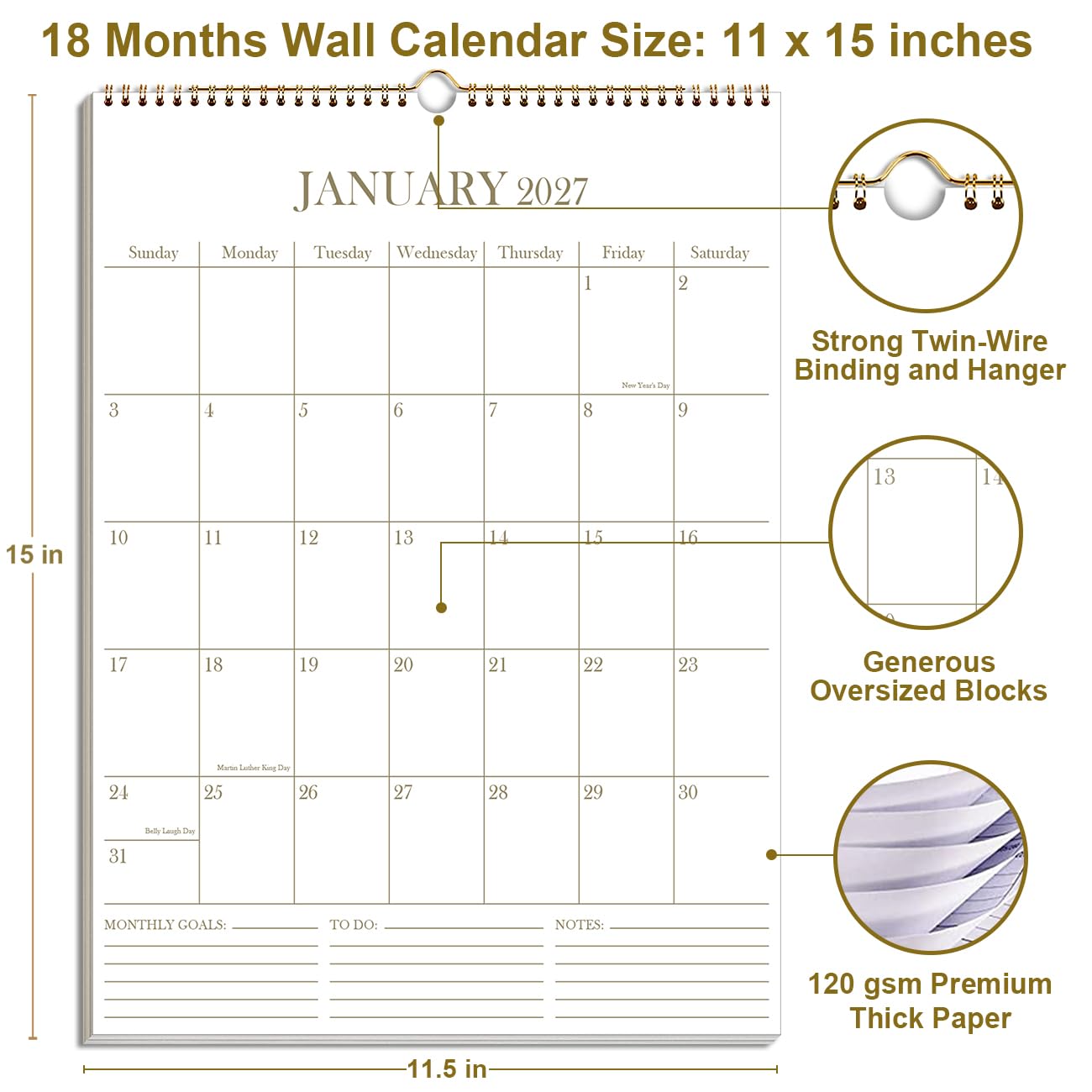 Calendar 2026-2027 - Wall Calendar from July 2026 - December 2027, 2026-2027 Wall Hanging Calendar with Thick Paper, 12" x 14.5", Gold