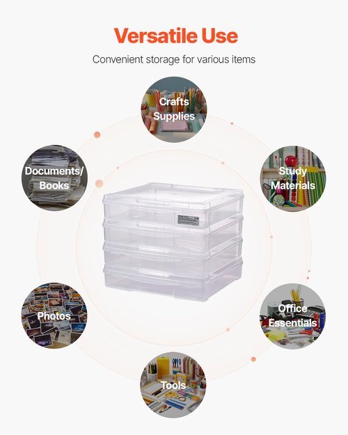 VEVOR Scrapbook Paper Storage, 4 Pack Stackable Plastic Board Game Boxes, Clear Multi-Purpose Document Case with Rounded Corners and Double Latches, for Office Essentials Tools Arts Crafts Supplies