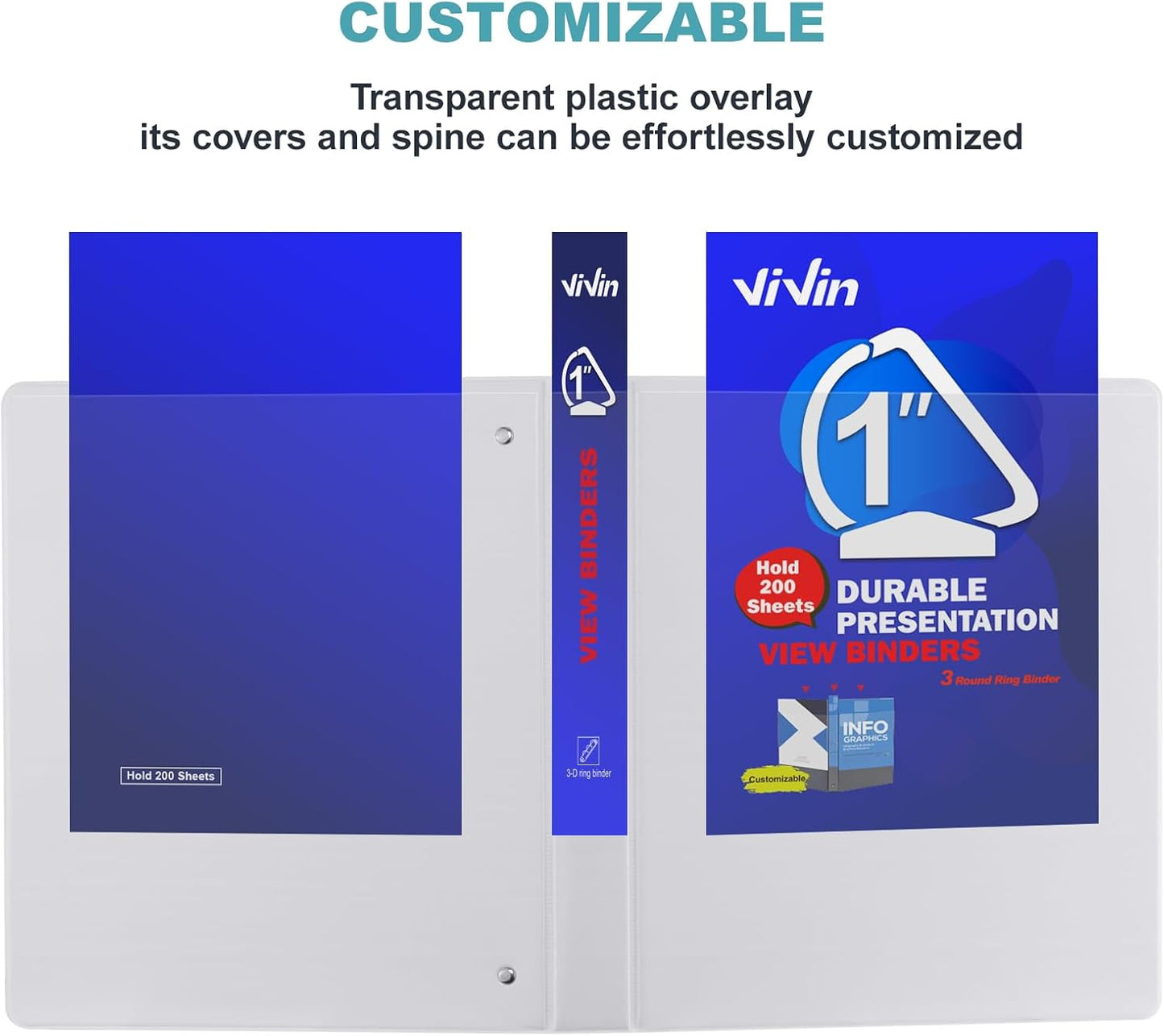 ViVin 1-Inch Slant D-Ring Binder - Durable, PVC-Free Design with 2 Interior Pockets | Fits 225 Sheets (12 Pack, White)