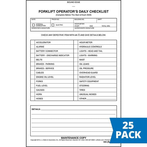 Forklift Operator Daily Checklist 25-pk. - Book Format with 31 Sets, 2-Ply with Carbon, 5.5" x 8.5", Safety & Maintenance Forklift Checklist Inspection Book, J. J. Keller & Associates, Inc.