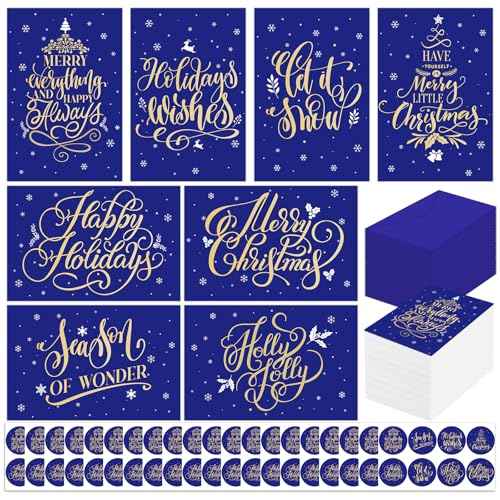 240 Sets Christmas Cards Bulk with Envelopes and Stickers Blue Holiday Greeting Cards Assortment 8 Designs of Merry Christmas Festive Note Cards Set Blank Inside Christmas Theme Xmas Cards