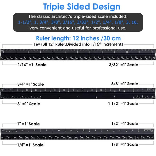 Soraco 12" Aluminum Triangular Architect Scale Ruler – Laser-Etched Imperial Measurements – Durable Black Anodized Finish – Ideal for Architects, Engineers, Draftsmen, and Students(Black)