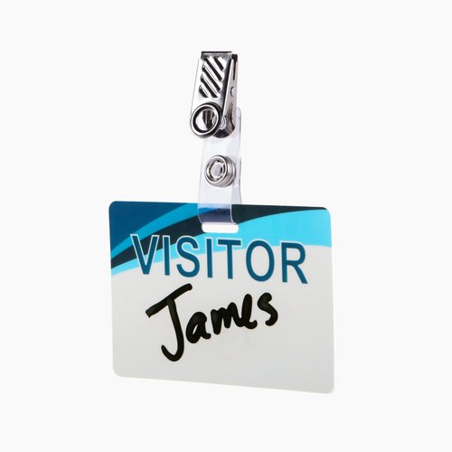Reusable Visitor Name Badges with Dry Erase Surface, Various Custom Designs, 5-Pack (Badge Clip)
