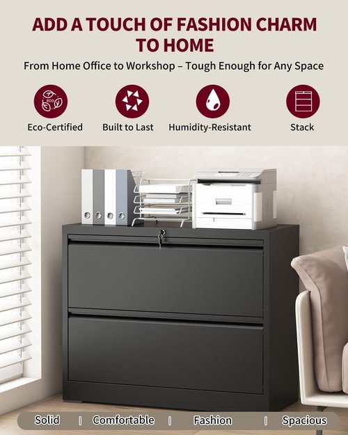 IRAUKKO 2 Drawer Lateral File Cabinet with Lock, 26.8" Wide Metal Filing Cabinets for Home Office, Steel Horizontal Storage Cabinet for Letter/Legal/F4/A4 Size - Black