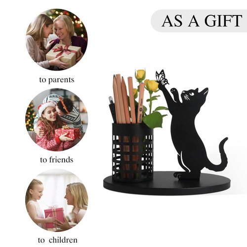 kobjoy Cat Pencil Holder for Desk, Organizer Pen Holder for Bedroom/Office, Metal Cut Home Decor for Table Centerpiece, Black Gifts for Cat Lover, Pampas Grass Vase(Cat)
