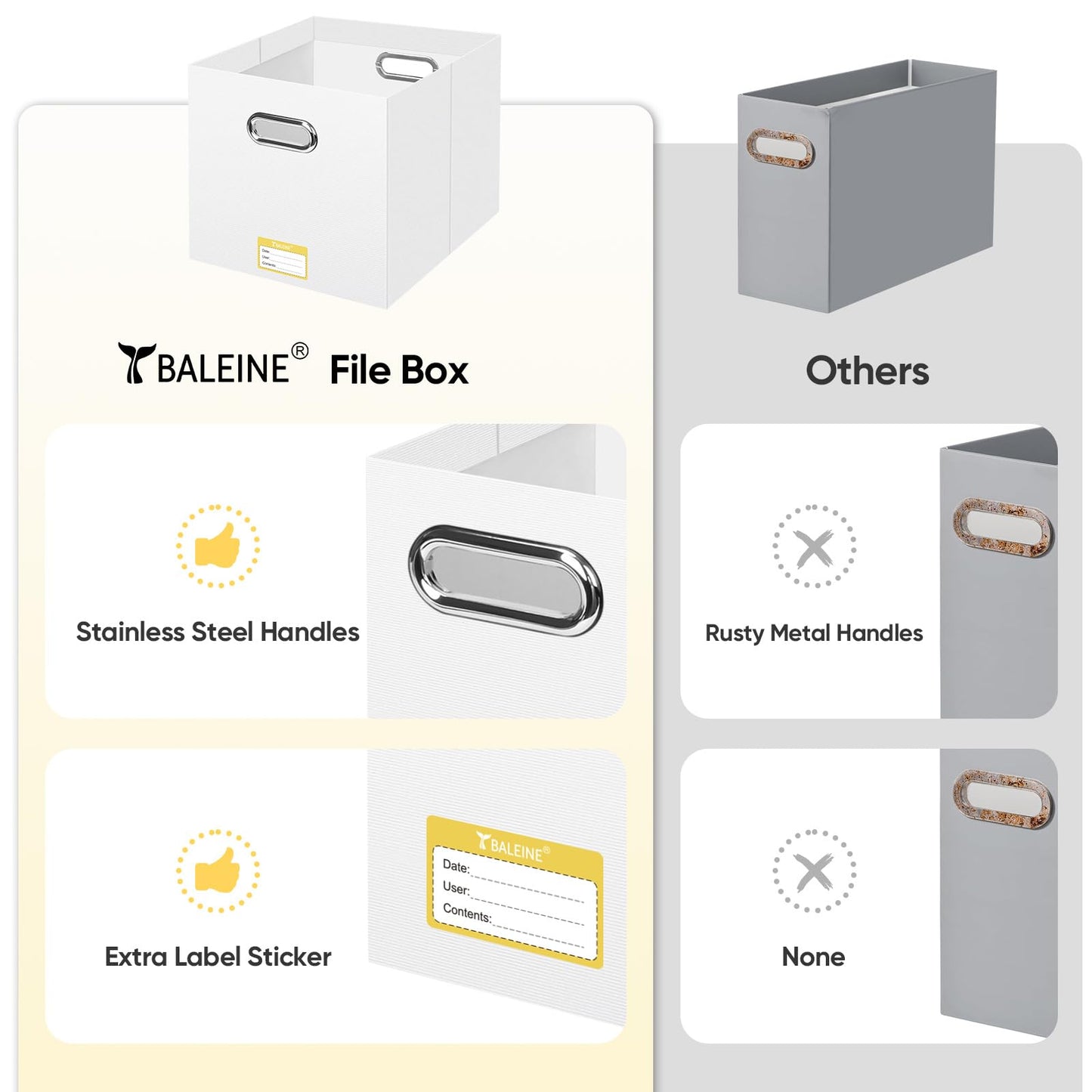BALEINE File Organizer Box, Cardboard File Folder Organizer with Handle for Letter Size, Portable Collapsible Hanging Filing Box for Home Office Document Storage (2 Pack, Large White)
