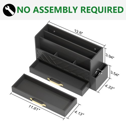 WISUCART Bamboo Desk Organizer Mail Holder Countertop Wood Desk Drawer Tabletop Storage Box Pen Holder Letter Sorter Makeup Organizer for School Home Office Supplies with Pen Holder Black