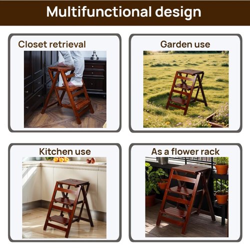 Bidesen 3 Step Stool Wooden Folding Ladder Chair Thickened Library Stair Chair Portable Light Garden Tool Ladder Maximum Load 337bl