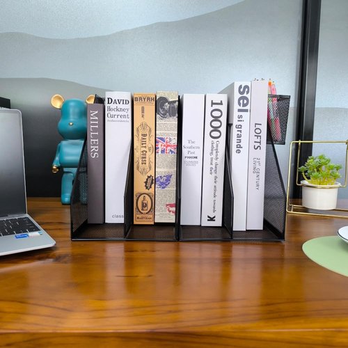 RHONZHAO 2 Set Desk Organizers, Metal Desk Magazine File Holder and 1 Pen Holder, 2 Compartments Mesh File Holder, Mesh Desktop Organizer and Storage,Black