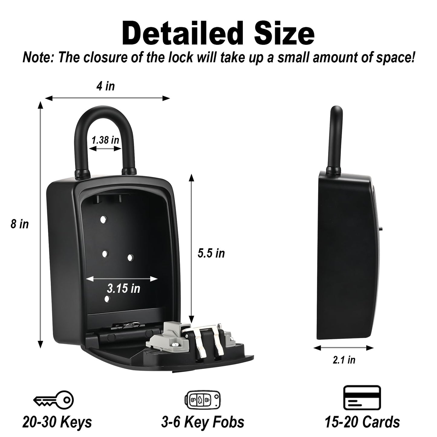 Lockwise XXL Large Key Lock Box, 5.5”x4.1”x2.1” Waterproof Kirsite Combination Lockbox for Keys Outdoor, Portable Key Lock Box Wall Mount with Code (1 Pack, Black)