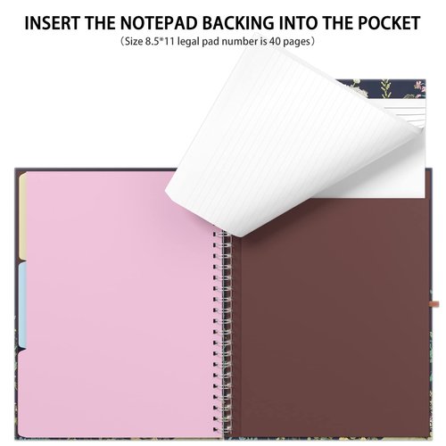 Rimilak Spiral Clipboard Folio with Refillable Lined Notepad, 14.5 x 9.8 in, Hardcover Cover with 5 Interior Pockets, Elastic Band and Pen Loop Series. Cute Stylish Clipfolio, Daisy Flower