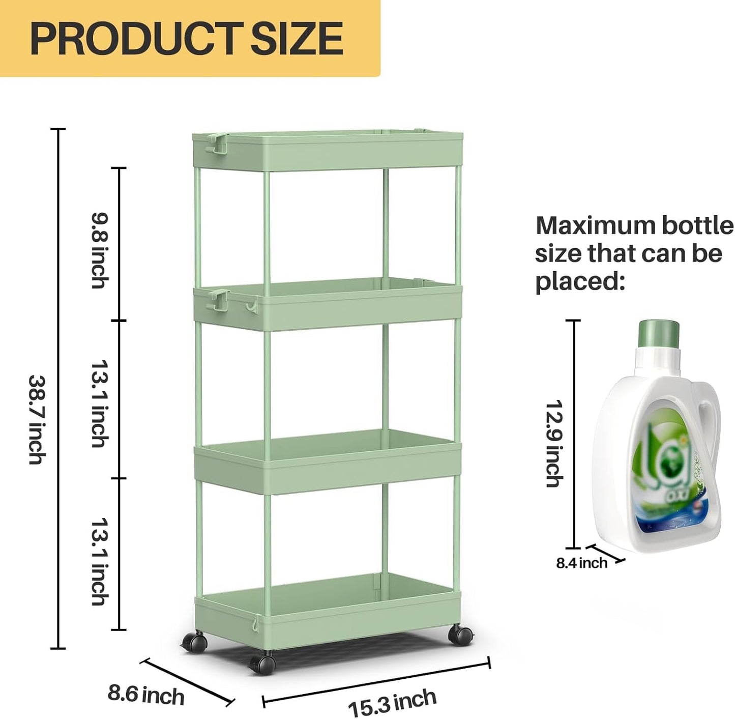 SPACELEAD 4 Tier Rolling Cart with Wheels, Storage Craft Art Trolley Organizer Serving, 3 Hanging Baskets Easy Assembly, for Office, Living Room, Kitchen