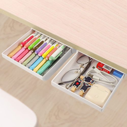 YOOUSOO 2 Pack Under Desk Drawer Organizer, Slide Out Pencil Holder, Desk Drawer Attachment, Plastic Desk Accessories & Workspace Organizers, Hidden Desktop Organizer Self-Adhesive