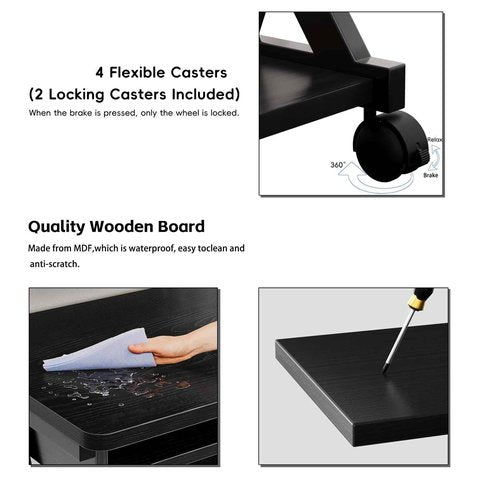ALISENED Computer Desk for Small Spaces,23.6" Z-Shaped Compact Study Table with Smooth Keyboard Tray,with Wheels and Bottom Shelves for Home Office，Computer Cart Mobile Laptop Cart